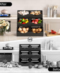 Ventilated 3 Tier Potato And Onion Organizer With Bamboo Pantry Bins Stackable Storage For Kitchen Pantry Countertop And Bathroom Keeps Veggies Fresh Longer Black shown with vegetables