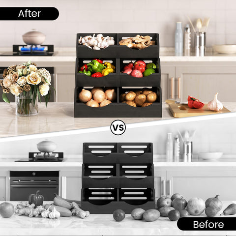 Ventilated 3 Tier Potato And Onion Organizer With Bamboo Pantry Bins Stackable Storage For Kitchen Pantry Countertop And Bathroom Keeps Veggies Fresh Longer Black shown with vegetables