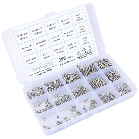 Top Shelf 390 Piece Machine Screw Assortment Kit Featuring Phillips Pan Head Bolts And Sturdy Hex Nuts organized in clear tray.