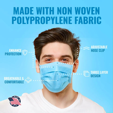 Top Shelf 3 Layer Disposable Face Masks, Individually Wrapped 50 Pack, wearable mask made with non woven polypropylene fabric.