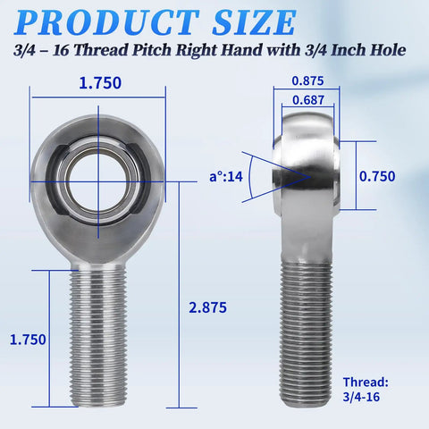 Bolt On Rod End Heim Joint Three Quarter Inch Bore And Three Quarter Inch Sixteen Thread, Heavy Duty Suspension Link Kit, Welding Ready Install, Two Pack, Durable Steel Construction For Easy Mating And Performance. Front and side view with 3/4-16 thread and 3/4 bore