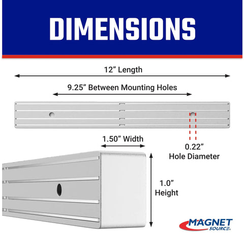 12-inch Heavy Duty Magnetic Tool Bar Organizer dimensions, 1.5-inch width, 1-inch height, 9.25-inch mount holes, 0.22-inch hole diameter.