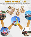 Infographic showing Three Eighths Inch Heavy Duty Chain Hook 6600 Lbs G70 Clevis Grab Hook for marine and industrial use with applications
