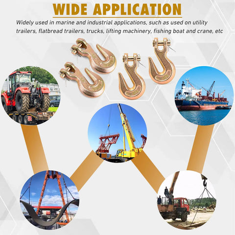Infographic showing Three Eighths Inch Heavy Duty Chain Hook 6600 Lbs G70 Clevis Grab Hook for marine and industrial use with applications