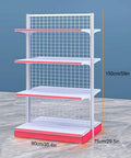 Heavy Duty Double Sided Four Tier Retail Display Rack Space Saving Commercial Shelving Unit For Grocery Stores with white shelves.