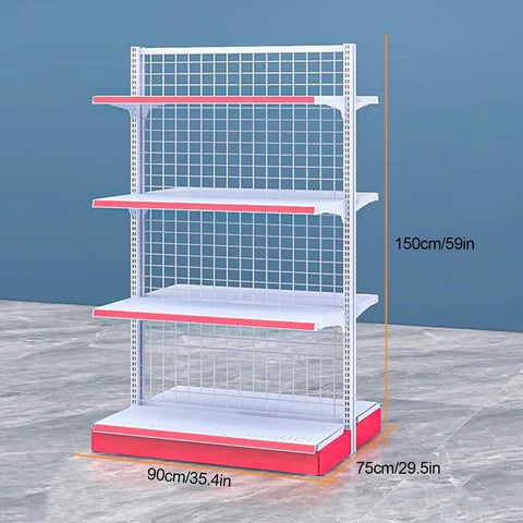 Heavy Duty Double Sided Four Tier Retail Display Rack Space Saving Commercial Shelving Unit For Grocery Stores with white shelves.