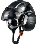 Tough Carbon Fiber ABS Safety Helmet with Integrated Clear and Tinted Goggles Plus Adjustable Noise-Canceling Ear Muffs on Industrial Sites