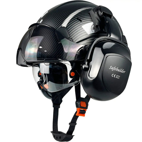 Tough Carbon Fiber ABS Safety Helmet with Integrated Clear and Tinted Goggles Plus Adjustable Noise-Canceling Ear Muffs on Industrial Sites