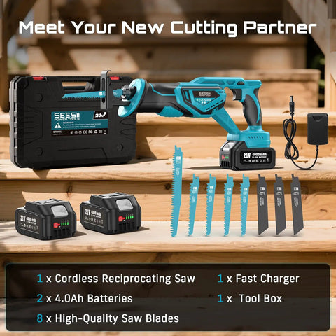 Cordless Reciprocating Saw With Brushless Motor, 3500 RPM, Variable Speed, 8 Blades, Dark Blue on wooden steps.