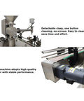 Rugged Automatic Servo Liquid And Paste Filling Machine Slick Stainless Steel Frame showing motor and cleaning features.