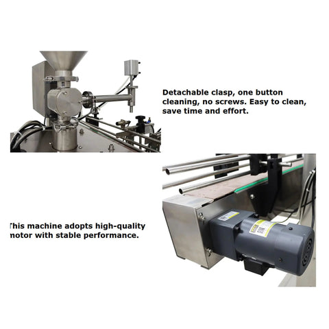 Rugged Automatic Servo Liquid And Paste Filling Machine Slick Stainless Steel Frame showing motor and cleaning features.