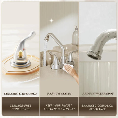 Brushed Nickel Utility Sink And Laundry Faucet For Home Use, 4 Inch Center Set, ceramic cartridge, easy to clean design