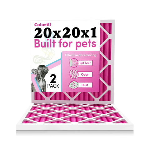 Pet Friendly Air Filter 20x20x1 2 Pack Made In USA Color Changing Odor Removal For Cats And Dogs MERV 8 in pink, packaging view