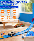 12 Foot Starter Flexible Race Track Set For Kids 3 And Up with cars on blue ramp in a living room, compatible with 1/64 diecast cars.