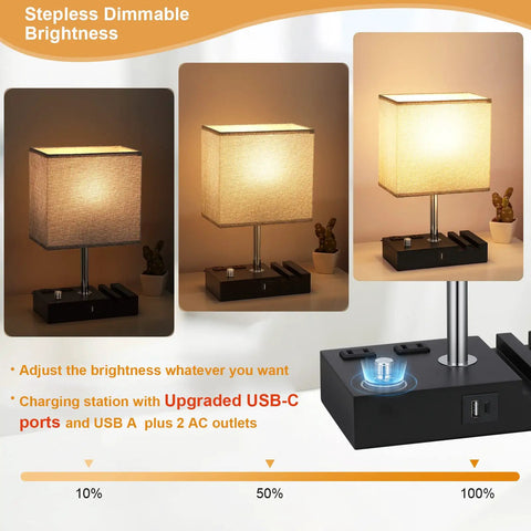 Bedside Table Lamp With 3 Color Temperatures And Adjustable Brightness USB C And USB A Charging Ports LED Bulb Included No Brainer Nightstand Desk Lamp For Bedroom Or Office shown in three brightness levels with close-up of charging ports.