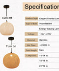 Specifications for Bamboo Lantern Pendant Light, Retro Japanese Style E27 Chandelier, bamboo material, on and off states shown.