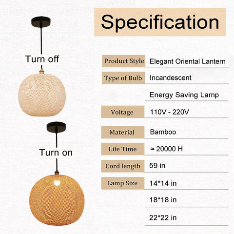 Specifications for Bamboo Lantern Pendant Light, Retro Japanese Style E27 Chandelier, bamboo material, on and off states shown.