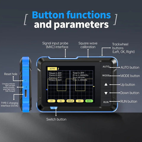 Handheld Oscilloscope With 2.8 Inch TFT Display, 200 KHz Bandwidth, 2.5 MSPS Sampling showing button functions and parameters.