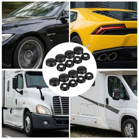 Collage showing a Black License Plate Screw Cap Kit With Eight Caps For Frame Bolts, Universal Fit for various vehicles including cars, trucks, SUVs, and vans. Durable plastic covers highlighted in center.