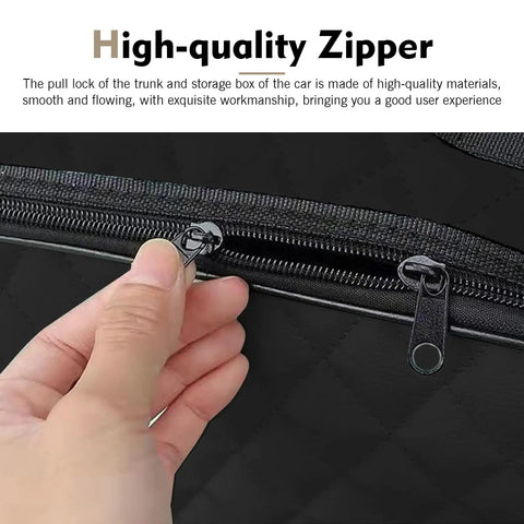 Close-up of high-quality zipper on Badass Waterproof Leather Car Jumper Cable Bag Portable Trunk Organizer for EV charging cords.
