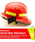 Yellow Retro Reflective Hard Hat Stickers 1 by 4 inch, on a red firefighting helmet, showing durability and visibility.