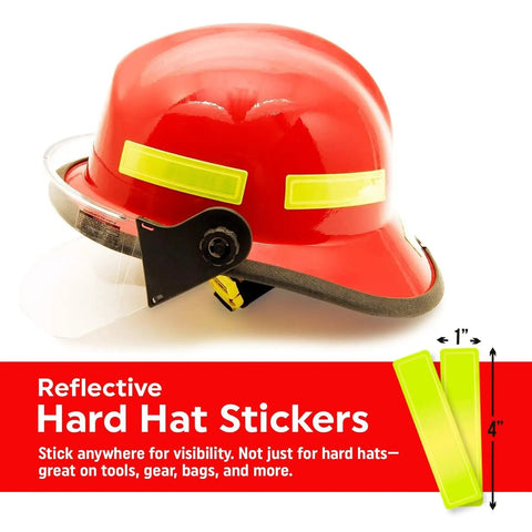 Yellow Retro Reflective Hard Hat Stickers 1 by 4 inch, on a red firefighting helmet, showing durability and visibility.