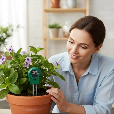 Woman using 3 In 1 Soil Moisture Meter With Light And PH Sensor For Indoor And Outdoor Garden Use Battery Free No Power Hassle in plant pot