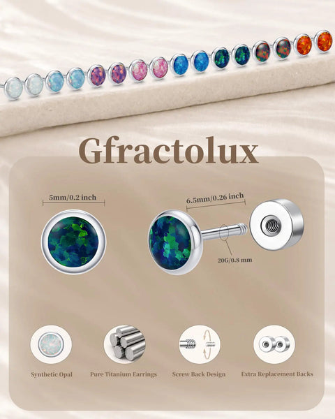 Implant Grade G23 Titanium Opal Earrings Screwback Studs featuring 5mm centerpiece and 20 gauge posts, ideal for helix and tragus wear.