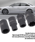 Pro Grade Brake Caliper Socket Set 4 Piece Kit For 1/2 Inch Drive with car background, showcasing 11.5mm 10Pt to 22mm 7Pt sizes.