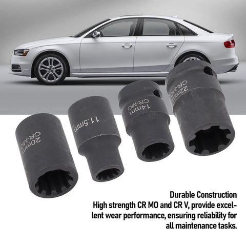 Pro Grade Brake Caliper Socket Set 4 Piece Kit For 1/2 Inch Drive with car background, showcasing 11.5mm 10Pt to 22mm 7Pt sizes.