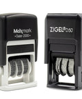 No Sweat Black Self Inking Date Stamp With Military Format And Smart Finger Cover Yielding Thousands Of Crisp Prints Daily For Clean Desk Work And Quick Paperwork Needs, two stamps side by side in black.