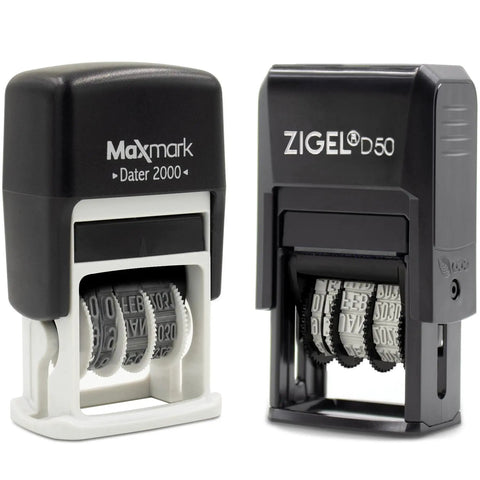 No Sweat Black Self Inking Date Stamp With Military Format And Smart Finger Cover Yielding Thousands Of Crisp Prints Daily For Clean Desk Work And Quick Paperwork Needs, two stamps side by side in black.