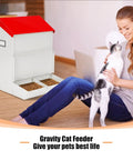 Game Changing Gravity Fed Auto Cat And Dog Food Bowl Station For Two Fur Kids Featuring Leak Proof Double Stainless Troughs Tough Outside Kibble Dispenser with a woman and cat.