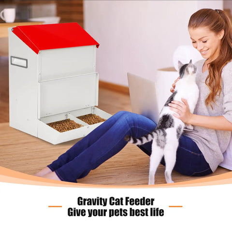 Game Changing Gravity Fed Auto Cat And Dog Food Bowl Station For Two Fur Kids Featuring Leak Proof Double Stainless Troughs Tough Outside Kibble Dispenser with a woman and cat.