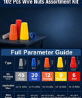 102-Piece Wire Nuts Assortment Kit With 5 Color-Coded Sizes displayed with parameter guide for secure connections