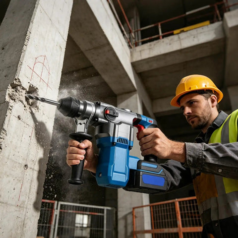 Heavy Duty Hammer Drill Handle For 60-65mm Front Grip With Non Slip Abs Steel Texture That Cools Down Hands And Kills The Vibes On Tough Masonry Projects in use while drilling into concrete.