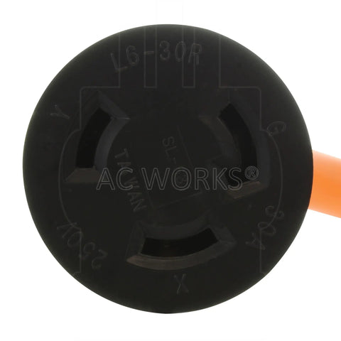 Close-up of L6-30R connector on 4 Prong 30 Amp 125/250 Volt NEMA L14-30P Locking Plug To L6-30R Locking Female Connector Generator Pigtail Adapter