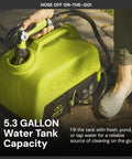 Close-up of a portable cordless electric pressure washer with 5.3-gallon capacity tank and adjustable nozzle for outdoor cleaning.