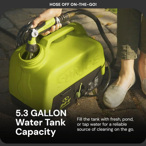 Close-up of a portable cordless electric pressure washer with 5.3-gallon capacity tank and adjustable nozzle for outdoor cleaning.