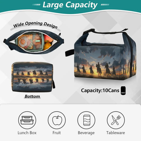 Cowboy Rides A Horse Across The Desert Insulated Lunch Bag showing wide opening and large capacity for work and travel
