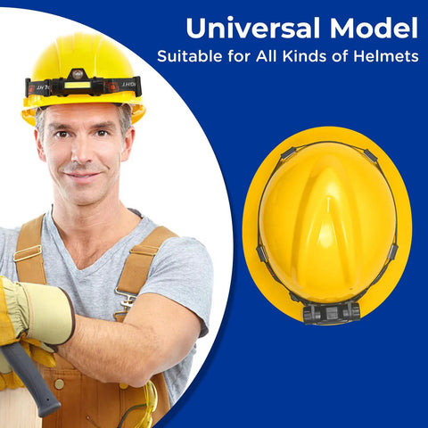 Man wearing yellow hard hat with Hard Hat Headlamp Clips 20 Pack With 3M Adhesive Anti Slip Helmet Light Holder