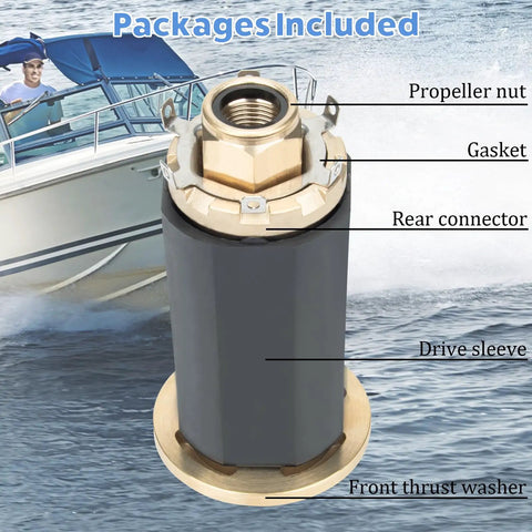 Flo Torq II Hub Kit Replacement OEM Upgrade For Mercruiser Alpha One Bravo One Mercury Mariner Outboard Drives 60 300 HP 15 Spline Propeller Installation Parts Fits Quicksilver And Other Aftermarket Props, showing labeled components including propeller nut, gasket, rear connector, drive sleeve, and front thrust washer.