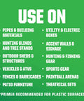 Green background with text listing uses for Specialty Camouflage Paint Quart Flat Army Green, including hunting gear and sports equipment.