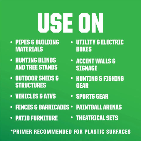 Green background with text listing uses for Specialty Camouflage Paint Quart Flat Army Green, including hunting gear and sports equipment.