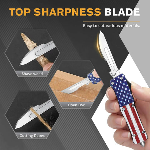 Kickass All Metal Utility Knife With One Hand Quick Release Action Hella Tough Aluminum Construction Compact Pocket Folding Design Built Like A Tank For Slashing Packages, displaying sharp blade in use.