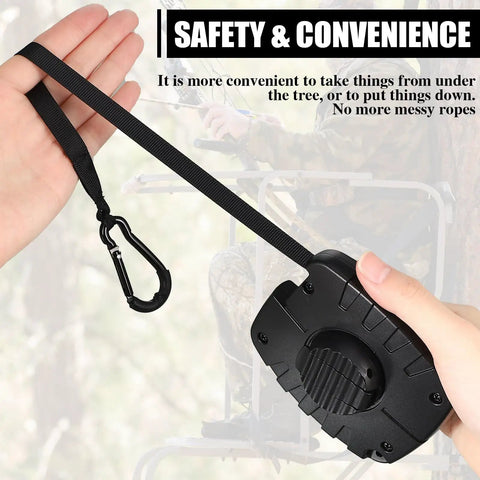 Two Pack 29.5 Ft Retractable Bow Hoist For Tree Stand Gear, Ideal For Deer Hunting And Gun Retrieval, shown with clip