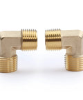 Two brass 90-degree barstock street elbows, 1/2 in NPT male to 1/2 in NPT male fittings