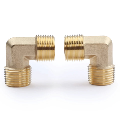Two brass 90-degree barstock street elbows, 1/2 in NPT male to 1/2 in NPT male fittings