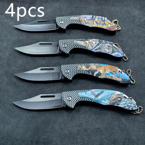 Four Pack Folding Pocket Knives With Wild Animal Print Handles For Everyday Carry EDC Gear Wolf Leopard Eagle Deer Artwork On Colorful Carbon Fiber Textured Grips displayed on black surface.