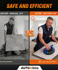Comparison image showing laborious manual lifting vs using Heavy Duty 8 Inch Vacuum Suction Cups For Glass And Tile, 2 Pack.